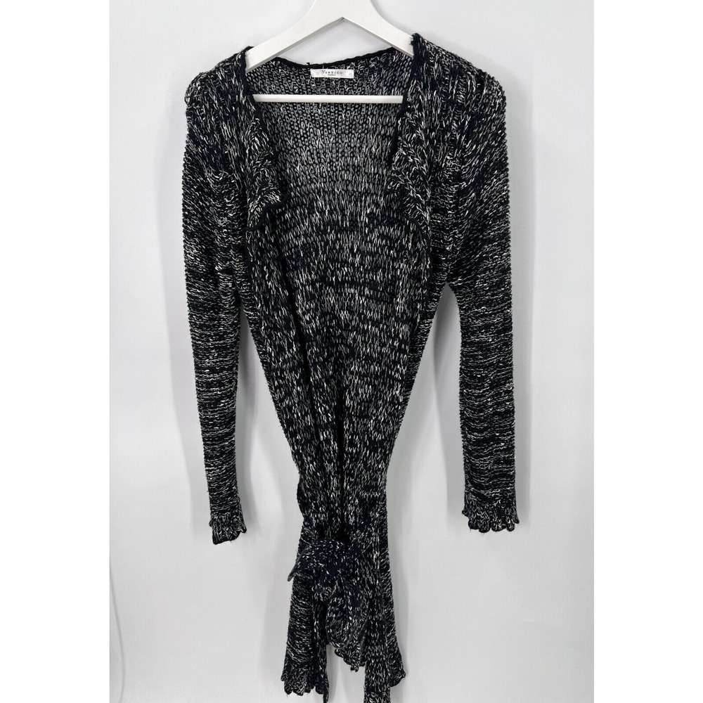 Vertigo Paris Black Marbled Knit Cardigan Sweater Open Front Tie Waist Women's M